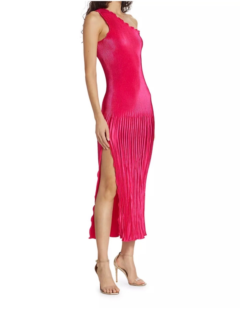 One-Shoulder Fuchsia Pleated Midi Dress